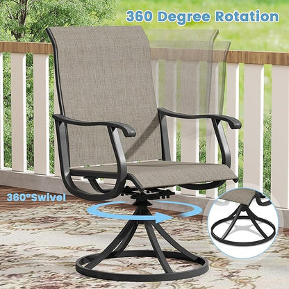 DIFY 7 Pieces Outdoor Patio Dining Set, 6 Brown Textilene Swivel Dining Chairs and 53" Black Round Metal Dining Table, Outdoor Table and Chairs