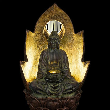 Alpine Corporation TZL420 59" Outdoor Buddha Fountain with LED Lights, Elegant Water Feature for Garden, Patio, Yard & Outdoor Spaces, Realistic Stone Look, Calming Waterfall for Relaxation, Brown