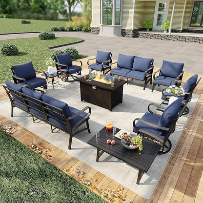 12 Pieces Modern Patio Furniture Set, All Weather Metal Outdoor Conversation Sets with Fire Pit Table for Backyard Garden Deck Porch Poolside, Blue