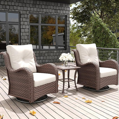 LayinSun 3 Pieces Outdoor Patio Furniture Set, Rattan Wicker Swivel Rocker Chairs Sets with Swivel Glider Chairs and Coffee Table
