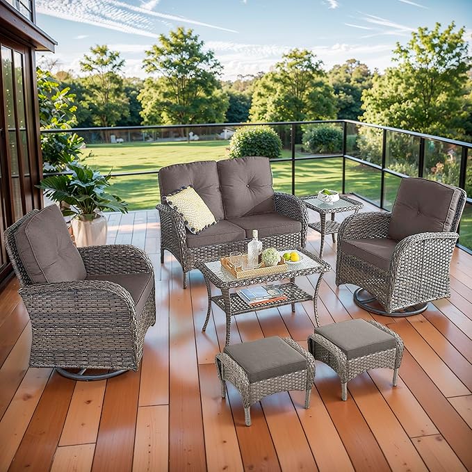 7 Piece Patio Furniture Set - Wicker Patio Conversation Set with Swivel Glider, Loveseat Bench, 2 Ottomans, Glass Side Table and Coffee Table for Deck Backyard - Brown Wicker Grey Cushion