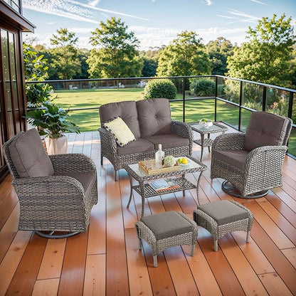 7 Piece Patio Furniture Set - Wicker Patio Conversation Set with Swivel Glider, Loveseat Bench, 2 Ottomans, Glass Side Table and Coffee Table for Deck Backyard - Brown Wicker Grey Cushion