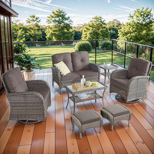 7 Piece Patio Furniture Set - Wicker Patio Conversation Set with Swivel Glider, Loveseat Bench, 2 Ottomans, Glass Side Table and Coffee Table for Deck Backyard - Brown Wicker Grey Cushion