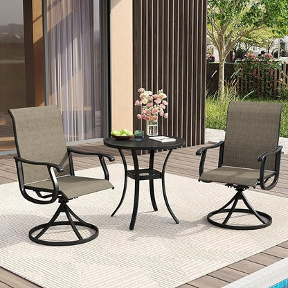 VICLLAX Patio Dining Set for 2, 3 Pieces Outdoor Furniture Includes 27.5" Small Round Patio Table and 2 Outdoor Swivel Chairs for Lawn Garden, Black Tabletop and Mixed Brown Fabric