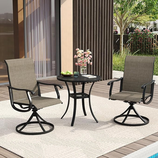 VICLLAX Patio Dining Set for 2, 3 Pieces Outdoor Furniture Includes 27.5" Small Round Patio Table and 2 Outdoor Swivel Chairs for Lawn Garden, Black Tabletop and Mixed Brown Fabric