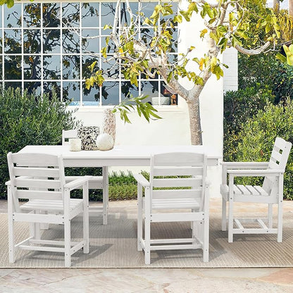 SERWALL Patio Table Set, Outdoor HDPE Dining Set with Umbrella Hole, 5-Piece - Table and 4 Chairs, All Weather for Lawn, Garden, Poolside, White
