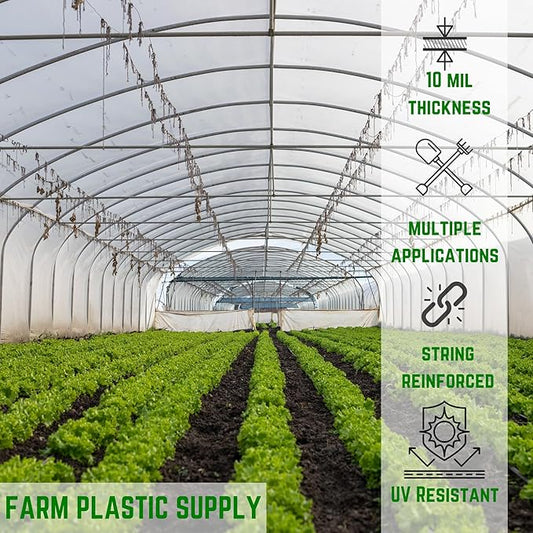 Farm Plastic Supply - String Reinforced 4 Year UV Resistant 10 mil Clear Greenhouse Plastic Sheeting - 4 Year UV Resistant Polyethylene Greenhouse Film, Hoop House Green House Cover (24' x 50')