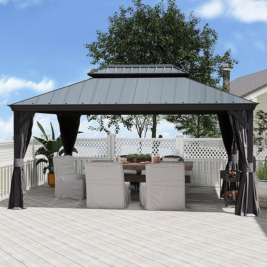 Domi 10’x14’ Hardtop Gazebo with Gutters, Outdoor Metal Gazebo Canopy with Resin & Galvanized Steel Roof, Permanent Pavilion for Patio, Backyard, Lawn, Hot Tub, Curtains and Mosquito Netting Included