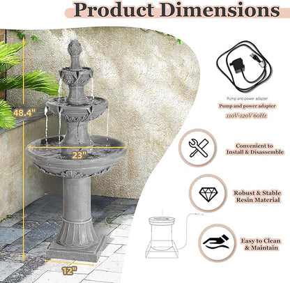 MAGIC UNION Outdoor Garden Water Fountains, 48.4''H Italian Style Fountain and Waterfall Outside, 3-Tier Large Bubbler Cascading Indoor Floor Fountain Features with Pump for Home Yard Decor (Gray)