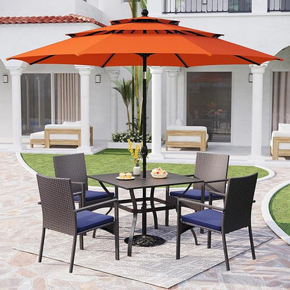 PHI VILLA 5 Piece Outdoor Dining Set with Umbrella, 37" Square Metal Dining Table & 4 Cushioned Wicker Rattan Chairs with 10ft Red Umbrella for Patio, Deck, Yard, Porch