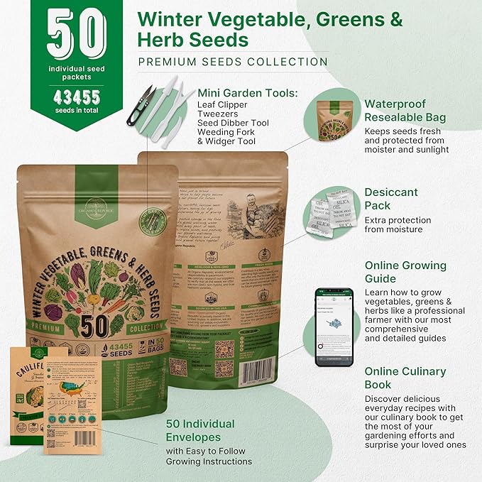 50 Winter Vegetable Garden Seeds Variety Pack - 43,450+ Non-GMO Heirloom Seeds for Outdoors & Indoor Home Gardening, Including Kohlrabi, Lettuce, Radish, Onion, Choy, Spinach, Cauliflower, Collards