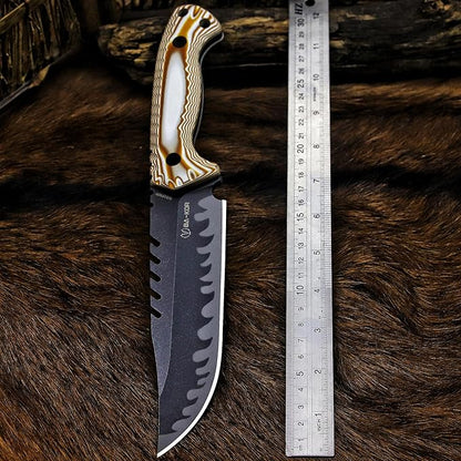 BA-KOR 12.4in Full Tang Fixed Blade Hunting Knife – 6mm 9CR18MoV Steel, G10 Handle, Stonewashed Sawback Blade with Kydex Sheath & Fire Starter for Outdoor, Camping, Survival (White and brown stripes)