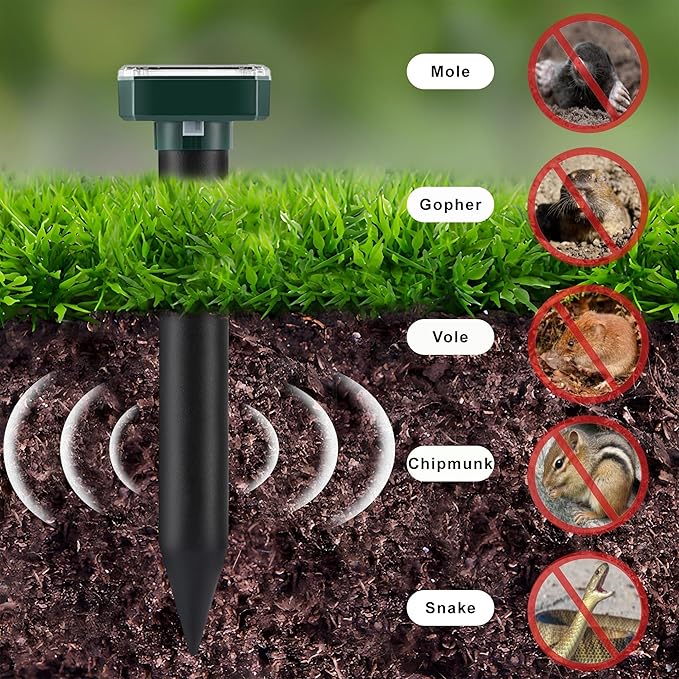 Mole Repellent Solar Powered, 10 Pack Gopher Repellent and Snake Repellent for Yard, Waterproof Ultrasonic Vibration Stakes for Outdoor Lawn Garden to Get Rid of Moles, Voles, Groundhogs, Rodents