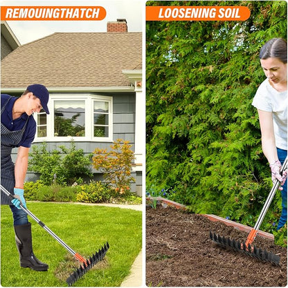 Garden Thatch Rake for Lawn, Heavy Duty Metal Thatching rake with Strong Handle, Wide 15inch Iron Dethatcher Rakes for Yard Leaf & Weed Clean, Soil Loose, Grass Groom
