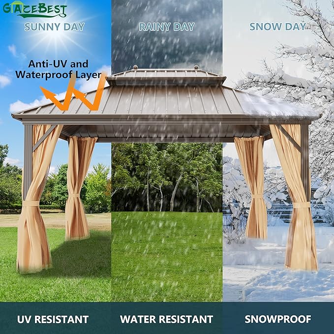 10'x12' Hardtop Gazebo Outdoor Aluminum Patio Gazebo Double Roof Galvanized Steel Canopy with Netting and Curtains for Garden, Backyard,Deck and Lawns