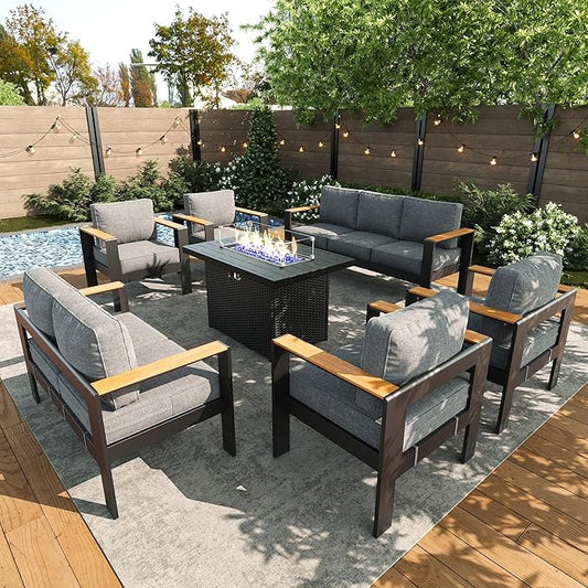 LayinSun 7 Piece Aluminum Outdoor Furniture Set with Fire Pit Table, Outside Patio Deep Seating Conversation Set with Upgraded Washable Thick Cushion