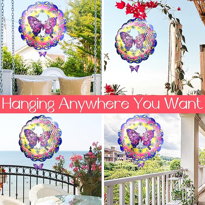 Butterfly 12 Inch Wind Spinners Garden Yard Decor Gift for Women Men, Outdoor Purple Metal 3D Wind Spinner, Stainless Steel Hanging Wind Catchers Sculpture for Outside Decoration