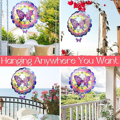 Butterfly 12 Inch Wind Spinners Garden Yard Decor Gift for Women Men, Outdoor Purple Metal 3D Wind Spinner, Stainless Steel Hanging Wind Catchers Sculpture for Outside Decoration