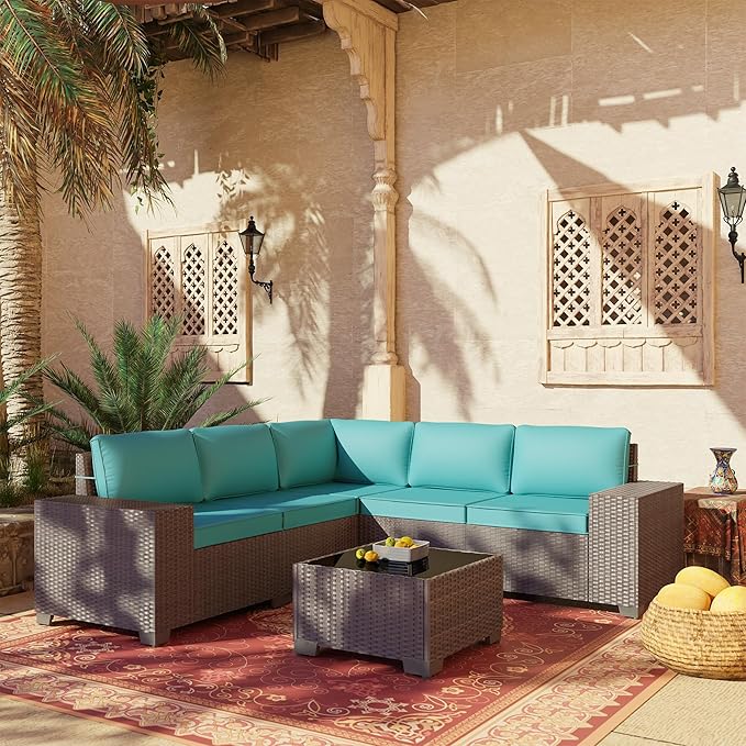 Outdoor Patio Furniture Set, 6 Pieces Outdoor Furniture All Weather Patio Sectional Sofas PE Wicker Modular Conversation Sets with Coffee Table,5 Chairs & Seat Clips Turquoise Blue.