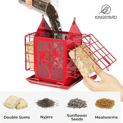 Kingsyard Metal Bird Feeder for Outdoor Hanging, Wild Bird Feeder with Double Suet Cage, Weatherproof Roof and 3 lbs Large Seed Capacity, Red