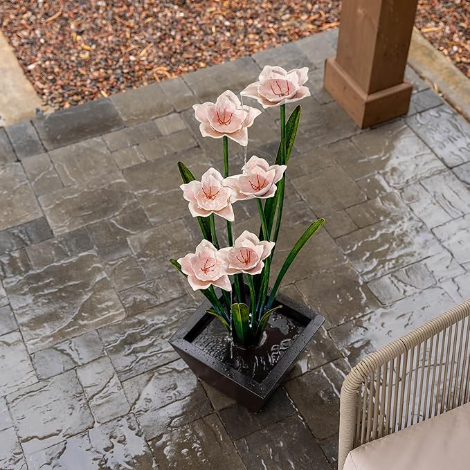 XBrand Metal Sculptural Multi-Tiered Flower Water Fountain, Multicolored, 39" Tall, w/LED Lights