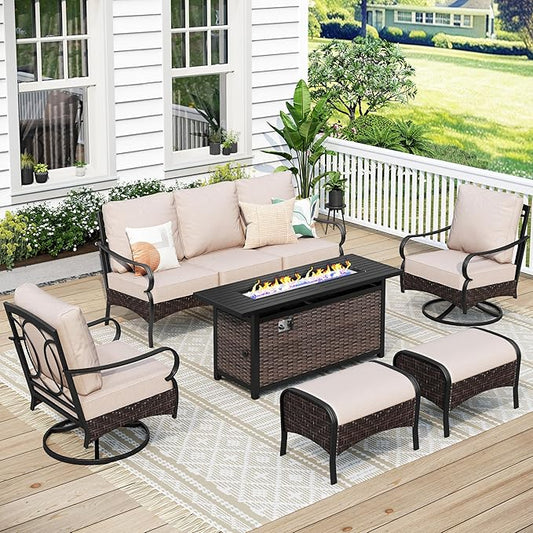 MFSTUDIO 6 PCS Outdoor Patio Furniture Set, Metal Outdoor Conversation Set, Rattan Wicker Patio Sectional with 2 x Swivel Single Sofa, 3-Seat Sofa, 2 x Ottoman, 1 x Fire Pit Table, Beige