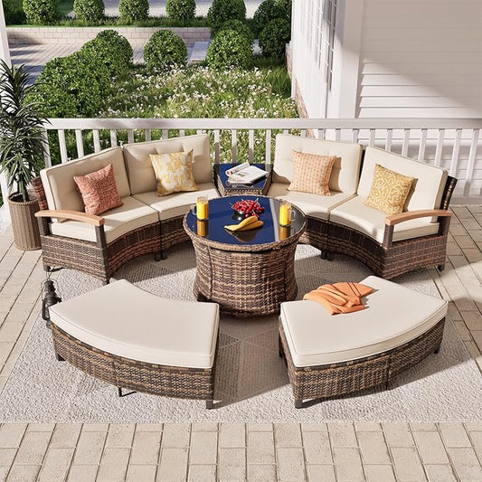 MEISSALIVVE 8 Piece Outdoor Patio Furniture Set, Half-Moon Curved Sectional Set with Wood Armrests, Patio Conversation Set, 2 Half-Moon Ottomans, Round Table & Side Table (Brown)