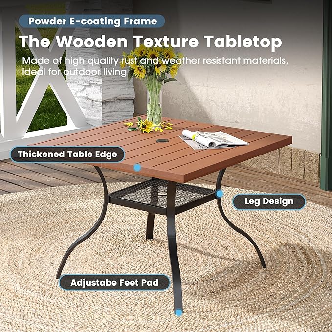 DIFY Outdoor Patio Dining Table for 4, 38.6" Square Patio Table with All-Weather Faux Wood Tabletop and Metal Steel Frame, Outside Table for Garden Porch Backyard, Walnut