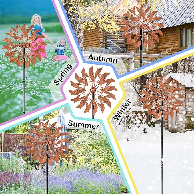 Metal Outdoor Wind Spinner, 2-Way Wind Sculpture Spinner with Metal Stake, Waterproof 360 Degrees Kinetic Windmill Art Decoration for Patio Garden Lawn (Rust)