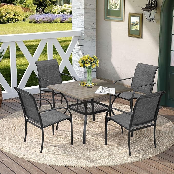 DIFY Outdoor Dining Table, Patio Square Metal Dining Table with 1.57" Umbrella Hole for 4 Person, Ideal for Poolside, Deck, Garden and Balcony, Grey Wood-Like