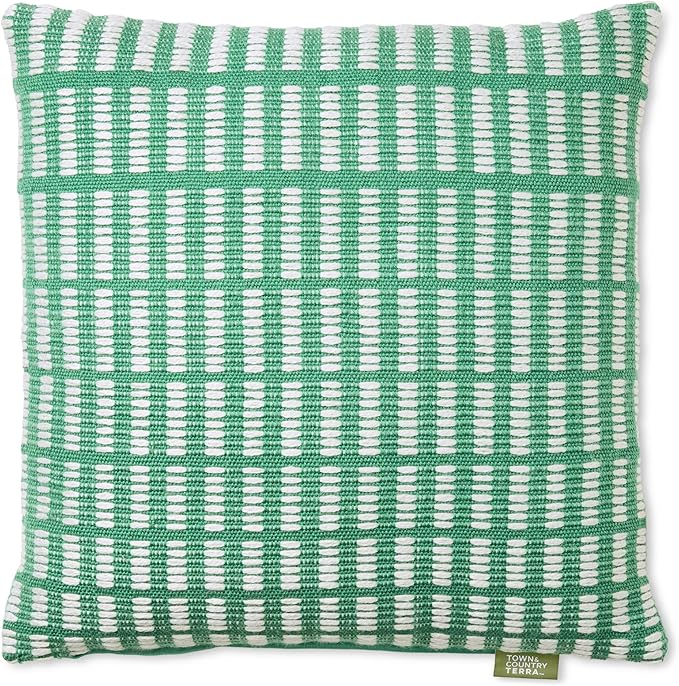 TOWN & COUNTRY TERRA Alara Textured Geo Stripe Handcrafted Indoor Outdoor Decorative Pillow, 100% Recycled Materials, UV Fade Resistant, Water Repellent, Green/Ivory, 20"x20"