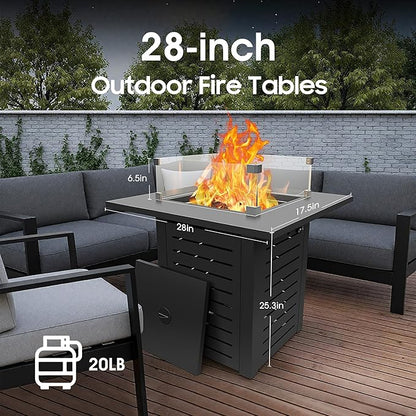 28 Inch Outdoor Propane Fire Pit,50,000 BTU Gas Firepit Table with Steel Lid,304 Stainless Steel H-Burner,Lava Rocks and Wind Guard,Fire Pits for Outside Patio Deck Garden,Black