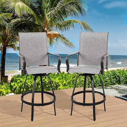 Vongrasig 2 Piece Patio Swivel Bar Chairs, All Weather Metal Textile High Swivel Bar Stools Chairs, Outdoor High Top Bistro Set for Backyard, Lawn Garden, Balcony, Light Grey