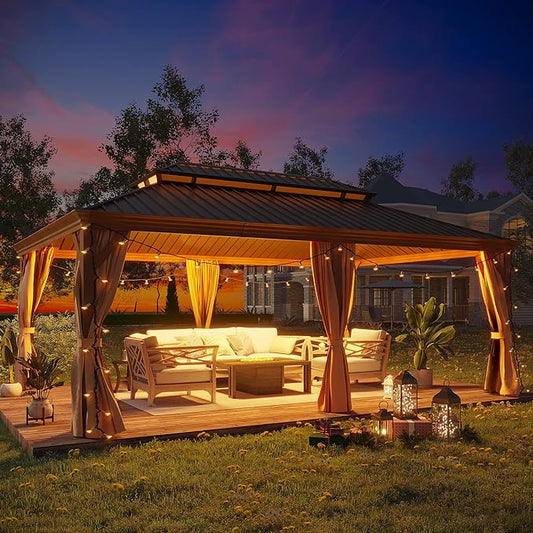 14' X 20' Hardtop Gazebo, Aluminum Wood-Looking Frame Outdoor Permanent Galvanized Steel Double Roof Pavilion Pergola Canopy with Privacy Curtains for Garden, Patio, Backyard, Deck and Lawns.