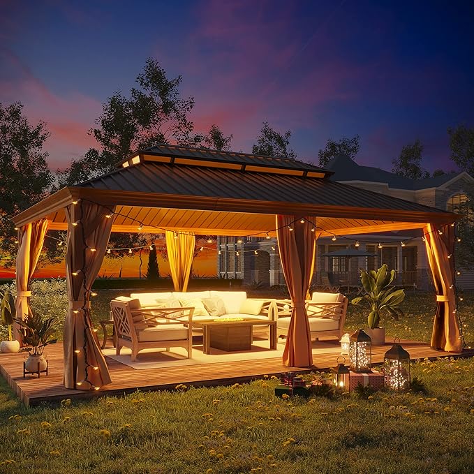 14' X 20' Hardtop Gazebo Outdoor Aluminum Patio Gazebo Double Roof Galvanized Steel Canopy Wooden Finish Coated with Netting and Curtains for Garden, Backyard,Deck and Lawns
