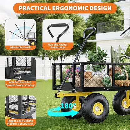 Metal Wagon - 900lbs Garden Cart with 10" Multi-Terrain Tires, 4 Removable Mesh Sides & 180° Swivel Handle, Yard Wagon Cart for Lawn, Yard, Patio Gardening