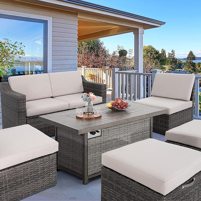 HAPPATIO 48inch 50,000 BTU Aluminum Patio Fire Pit,Wicker &Aluminum Rattan Square Propane Fire Pit Table.Propane Gas Fire Pit Table with Clear Glass Rock, Gray PE Rattan(Gray)