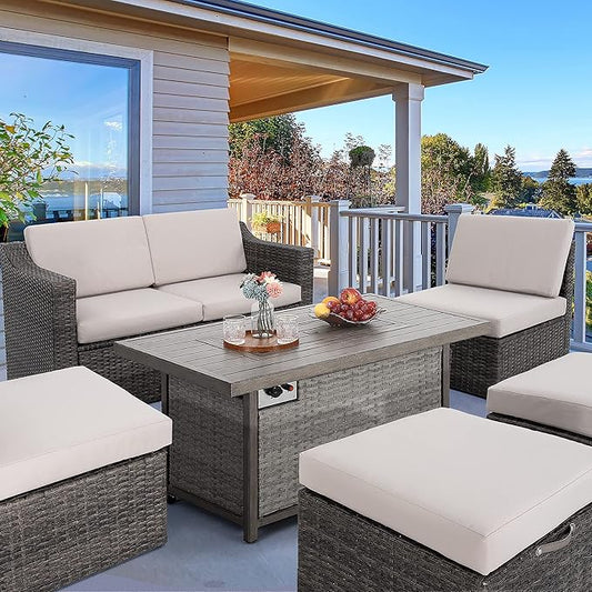 HAPPATIO 48inch 50,000 BTU Aluminum Patio Fire Pit,Wicker &Aluminum Rattan Square Propane Fire Pit Table.Propane Gas Fire Pit Table with Clear Glass Rock, Gray PE Rattan(Gray)