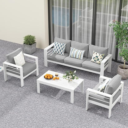 Solaste Aluminum Patio Furniture Set, 5 Seats Modern Outdoor Conversation Set Couch Sofa with Upgrade Cushion and Coffee Table, White