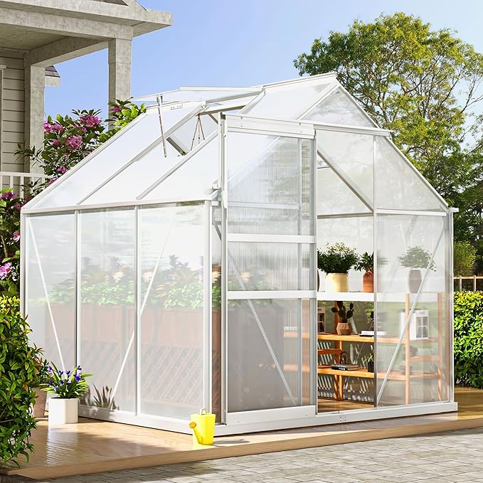 DWVO 6x6FT Polycarbonate Greenhouse for Outdoors, Large Heavy Duty Aluminum Greenhouses with Sliding Doors and Vent Window, Walk-in Greenhouse Large Sun House for Garden Backyard, Silver