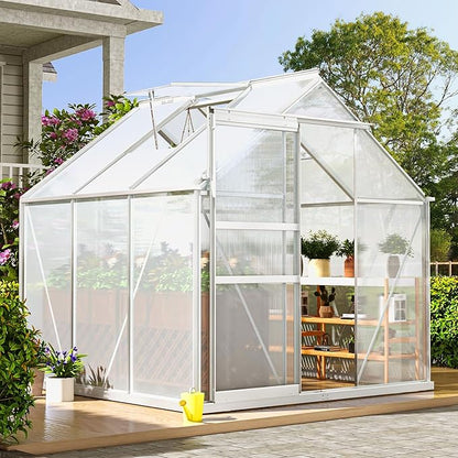 DWVO 6x6FT Polycarbonate Greenhouse for Outdoors, Large Heavy Duty Aluminum Greenhouses with Sliding Doors and Vent Window, Walk-in Greenhouse Large Sun House for Garden Backyard, Silver