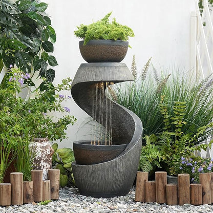 31.9" S-Shaped Water Outdoor Fountain–Modern Cascading Waterfall Feature with LED Lights & Planter Bowl, Garden Fountains Outdoor for Patio, Balcony, Yard or Home Decor, Resin Waterfall
