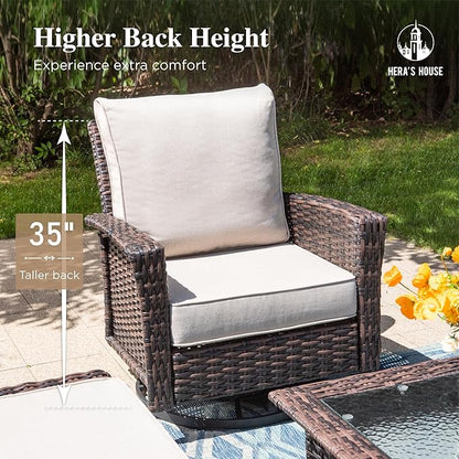 Oversized Patio Wicker Chairs, High Back Outdoor Swivel Chairs Set of 2 with Rattan Side Table, 5.5" Thick Cushions, 3-Piece Patio Furniture Sets for Deck Porch Pool, Brown/Beige