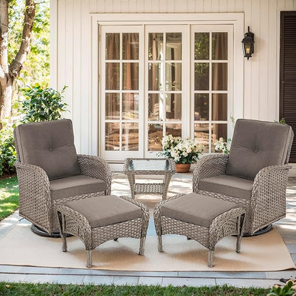 Outdoor Swivel Glider Rocker Chairs Set- 5 Piece Patio Furniture Set, Patio Bistro Sets with Tempered Glass Side Table and 2 Ottoman, for Balcony, Porch - Grey Wicker Grey Cushion