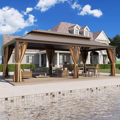 12' X 24' Hardtop Gazebo, Outdoor Galvanized Steel Double Roof Permanent Aluminum Frame Pavilion Pergola Canopy with Privacy Curtains for Garden, Patio, Backyard, Deck and Lawns.