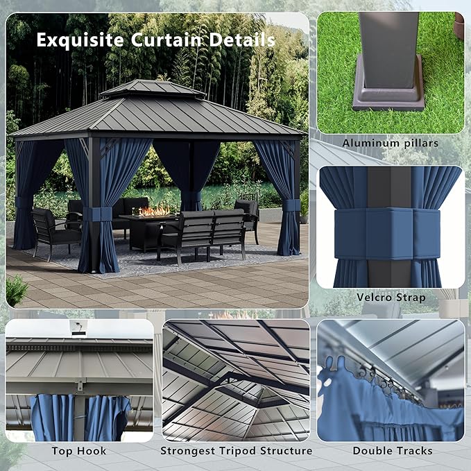 12x14ft Hardtop Gazebo Double Roof, Outdoor Pavilion with 2-Layer Hard top Galvanized Iron Frame Garden Tent, Suitable for courtyards, backyards, Decks, and Grass