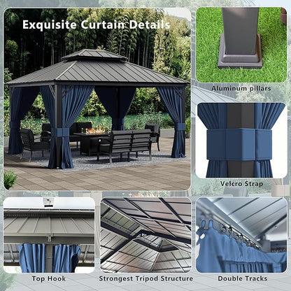 12x14ft Hardtop Gazebo Double Roof, Outdoor Pavilion with 2-Layer Hard top Galvanized Iron Frame Garden Tent, Suitable for courtyards, backyards, Decks, and Grass