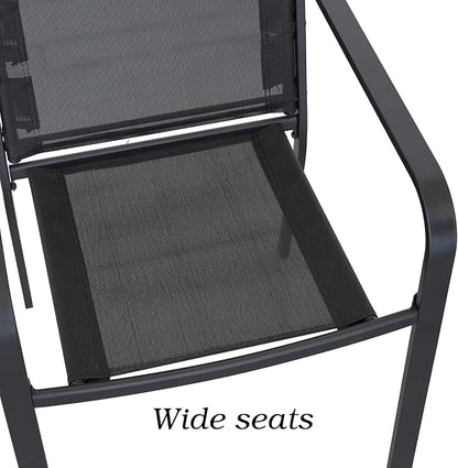 5-Piece Outdoor Patio Dining Set, 40-Inch Round Glass Table with 4 Stackable Chairs, Black
