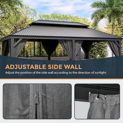 HAPPATIO 12' x 20' Hardtop Gazebo, Outdoor Aluminum Frame Gazebo with Galvanized Steel, Double Roof Permanent Patio Metal Canopy with Netting and Curtains for Backyard, Patio, Deck (Gray)