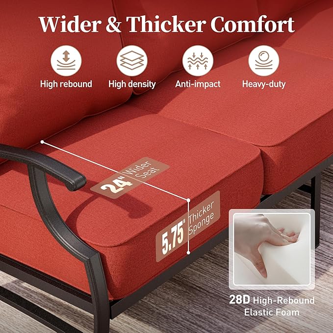 7 Piece Metal Outdoor Patio Furniture Set, Patio Conversation Sets 1 3-Seater Sofa, 2 Fixed Chairs, 2 Swivel Chairs, 2 Ottomans with 5.75" Thick Cushion, Black Backyard Furniture, Red